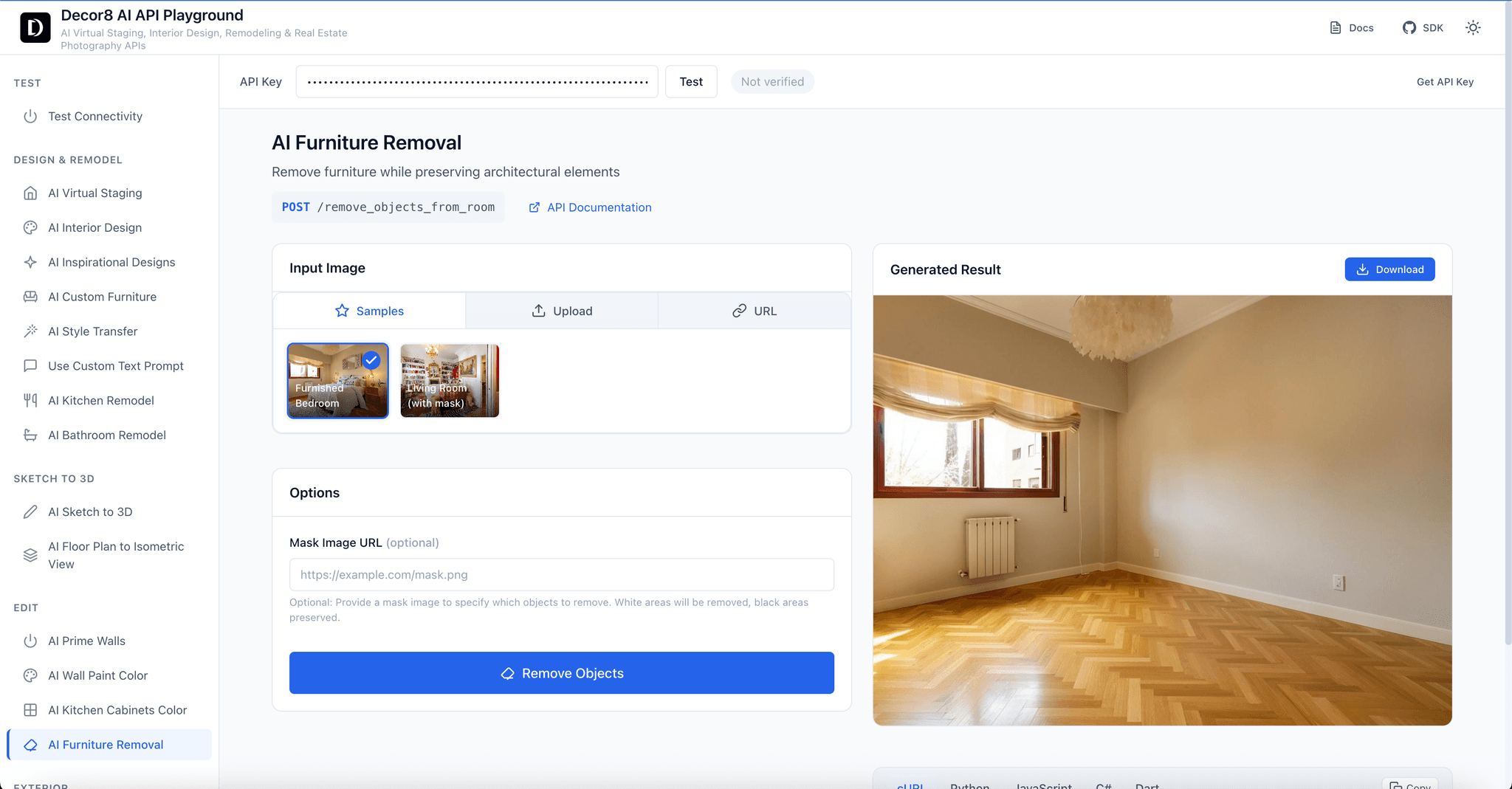 Furniture removal API interface