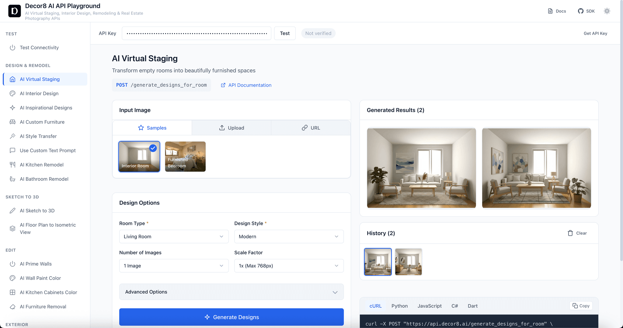 Virtual staging API playground interface