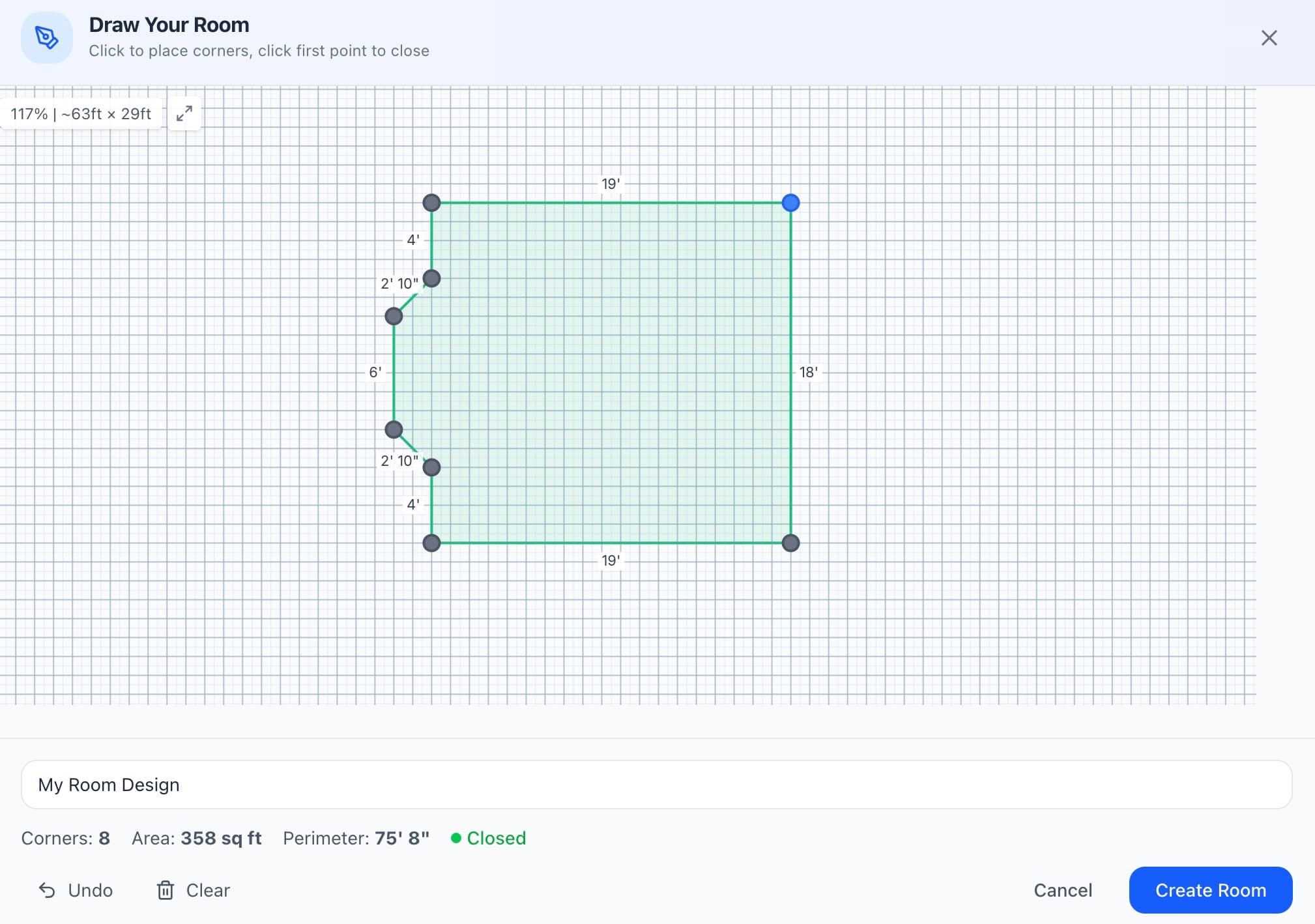 Custom L-shaped room layout with angled walls and non-90-degree corners